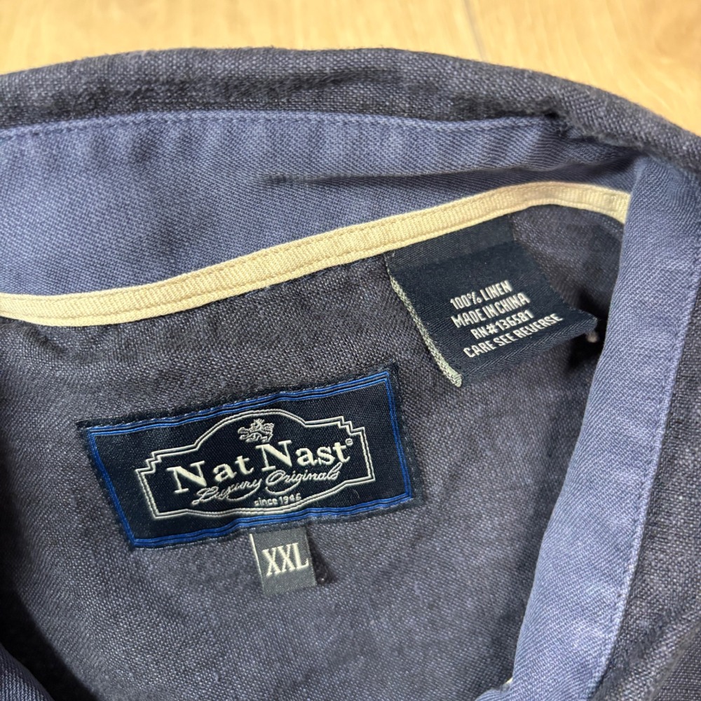 Nat Nast Luxury Originals Mens XXL Navy Blue 100% Linen Embroidered Camp Shirt - Picture 3 of 6